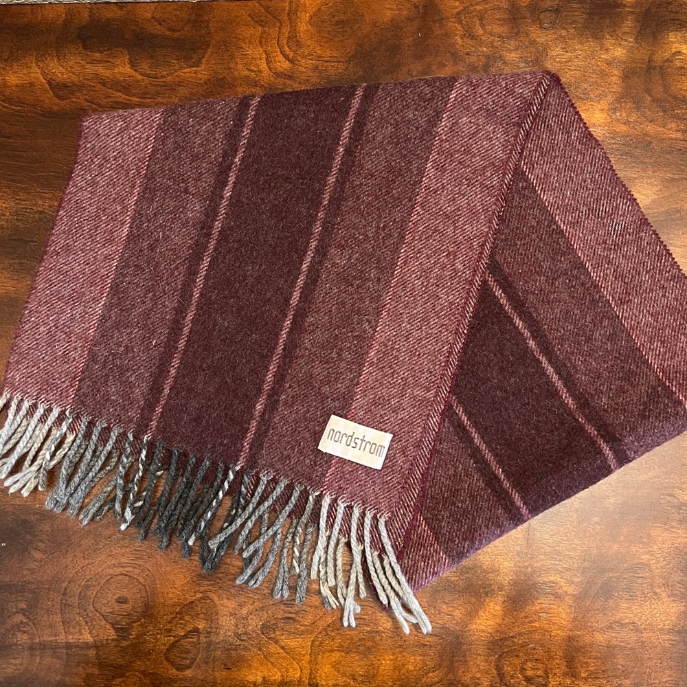Nordstrom Burgundy Striped Scarf Fringe Soft Cozy Winter Wrap Unisex